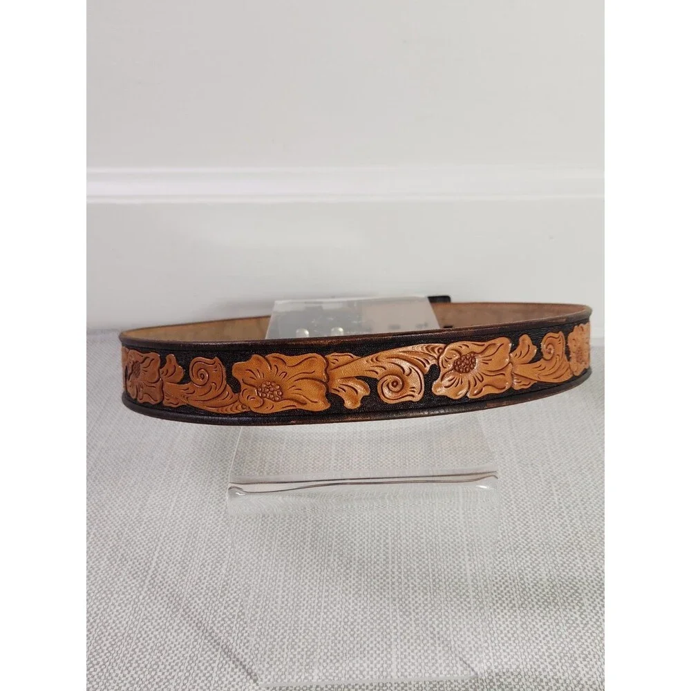 Chambers Size 32 Belt Western Tooled Leather Brown Tan Cowboy Men